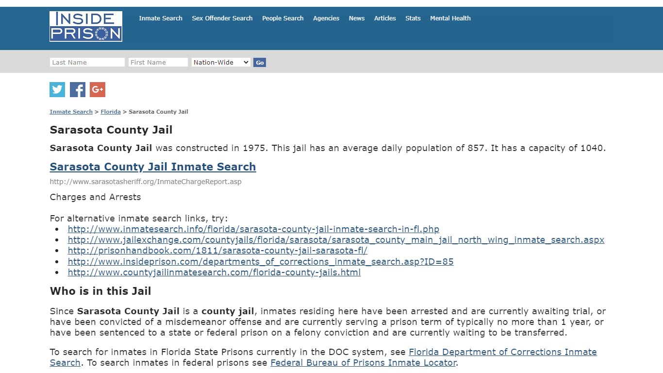 Sarasota County Jail - Florida - Inmate Search